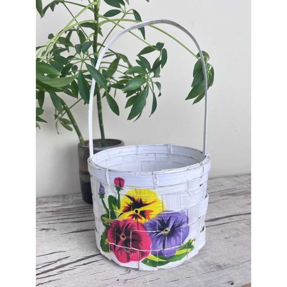 Vintage Hand Painted Flowers Floral Design On White Handled Wicker Basket 10” HK